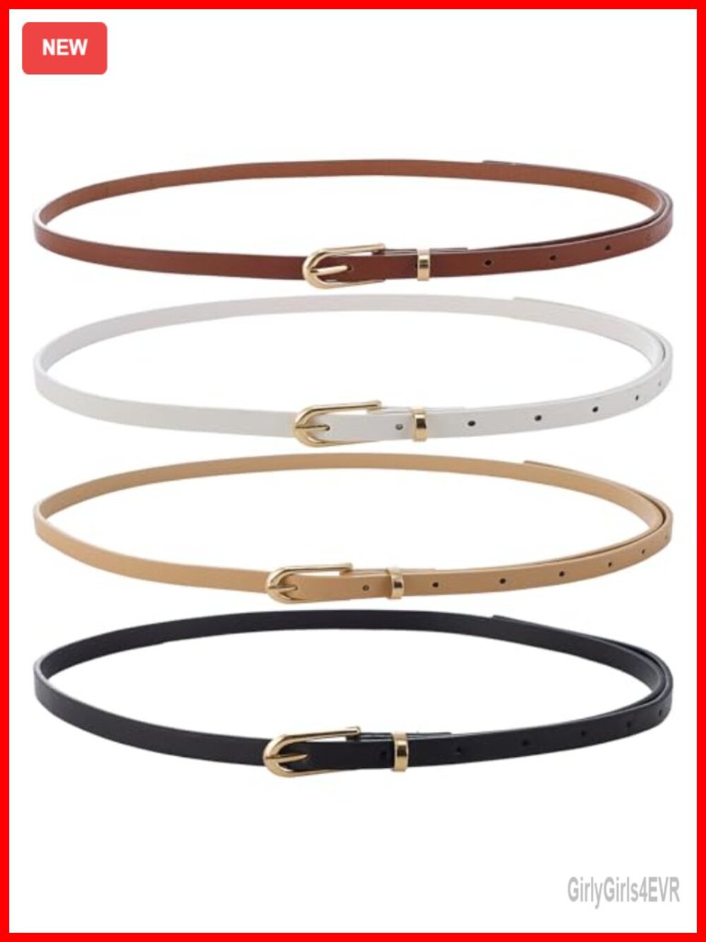 4-Pack Skinny PU Leather Belt Set with Gold Buckle Thin Waist Belt for Dresses
